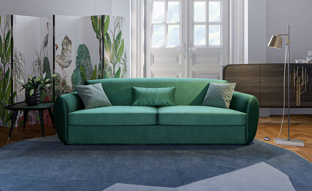 loda mobilya tarafından tasarlanan yeşil koltuğun odak noktasında yer aldığı bir oturma odası dekorasyonu